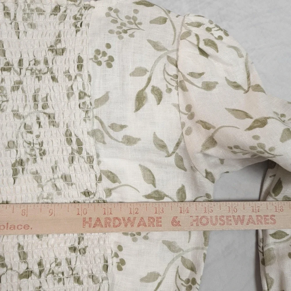 Reformation Blouse Womens 0 White Green Floral Linen Square Neck Puff Sleeve